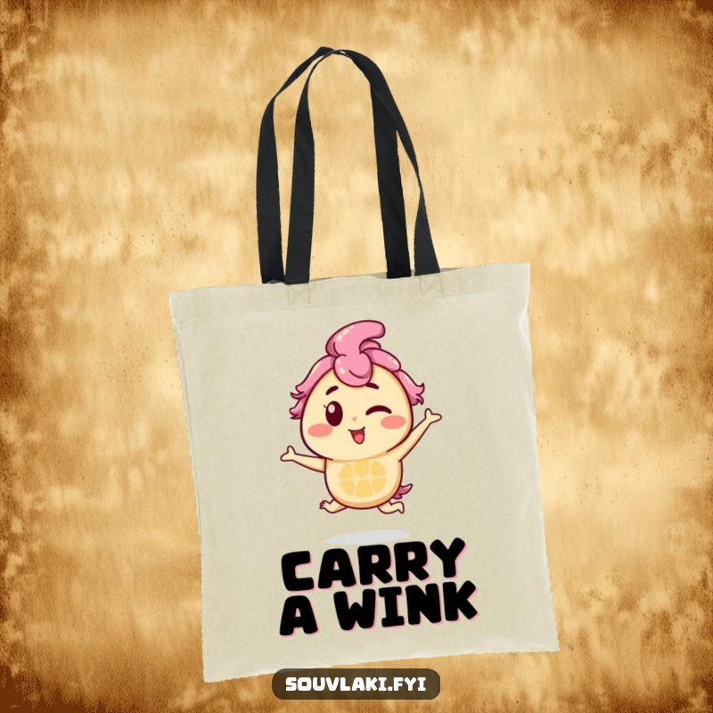 Funny Souvlaki Tote Bag: A souvlaki skewer character winks and hops playfully, making this tote a humorous and charming accessory.