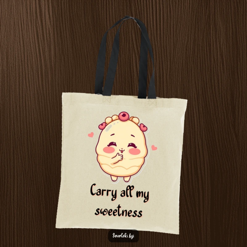 Funny blushing baklava character blowing a kiss on a durable tote bag, a cute and humorous accessory for pastry enthusiasts.
