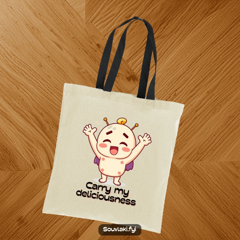 Funny souvlaki tote bag with a character joyfully exclaiming and raising arms, a practical and humorous accessory.