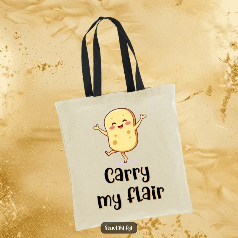 Funny tote bag featuring a smiling pita bread character gracefully, yet comically, performing a wobbly pirouette.