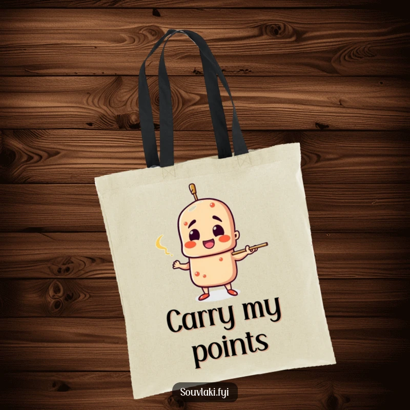 Funny Souvlaki Tote Bag: A souvlaki skewer character gestures dramatically, making this tote a humorous and attention-grabbing accessory.