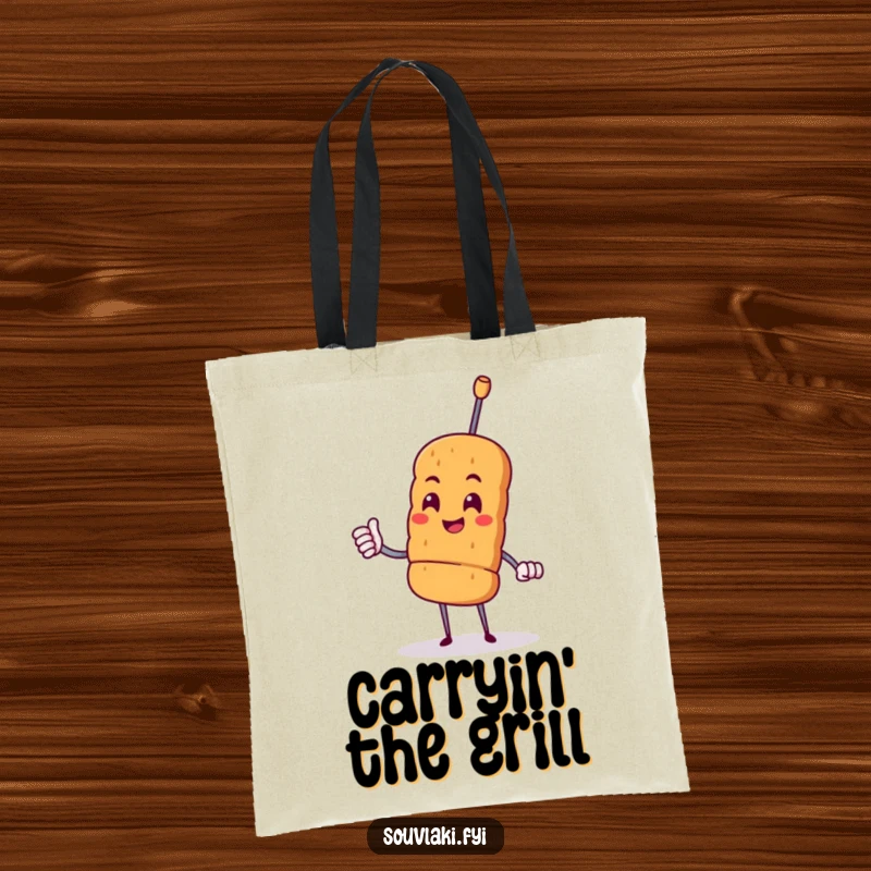 Funny proud souvlaki skewer character giving a cheerful nod on a durable, reusable tote bag.