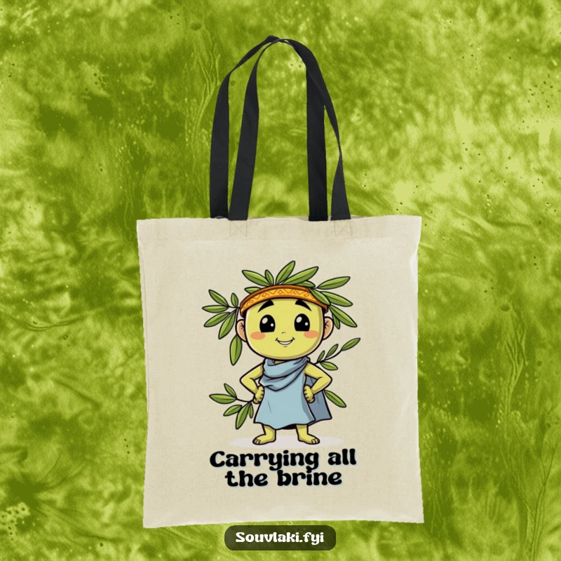 Funny Tote Bag: A proud olive character confidently leans and strikes a Greek pose, ready to carry your items with flair.