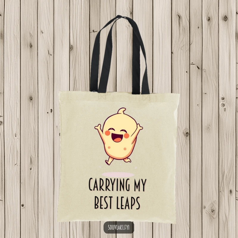 Funny Spanakopita Tote Bag: A laughing spanakopita character is depicted in a dramatic leap, making it a vibrant and humorous accessory.