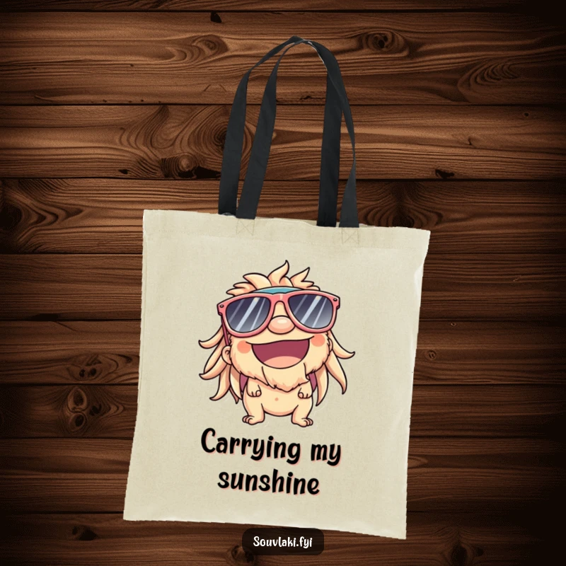 Funny Tote Bag: Souvlaki character in cool sunglasses, smiling, comically enjoying sunny weather.