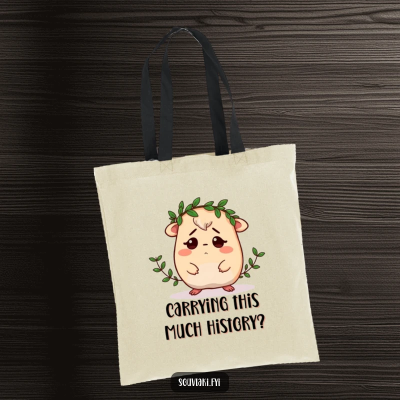 Funny Moussaka Tote Bag: A confused moussaka character comically struggles to wear a tiny laurel wreath, making it a humorous accessory.
