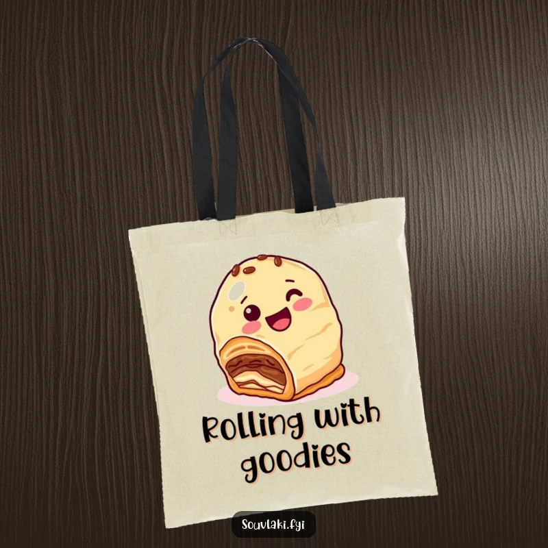 Funny Tote Bag: A happy baklava character with nutty layers comically rolls downhill, showcasing its delicious and humorous journey.