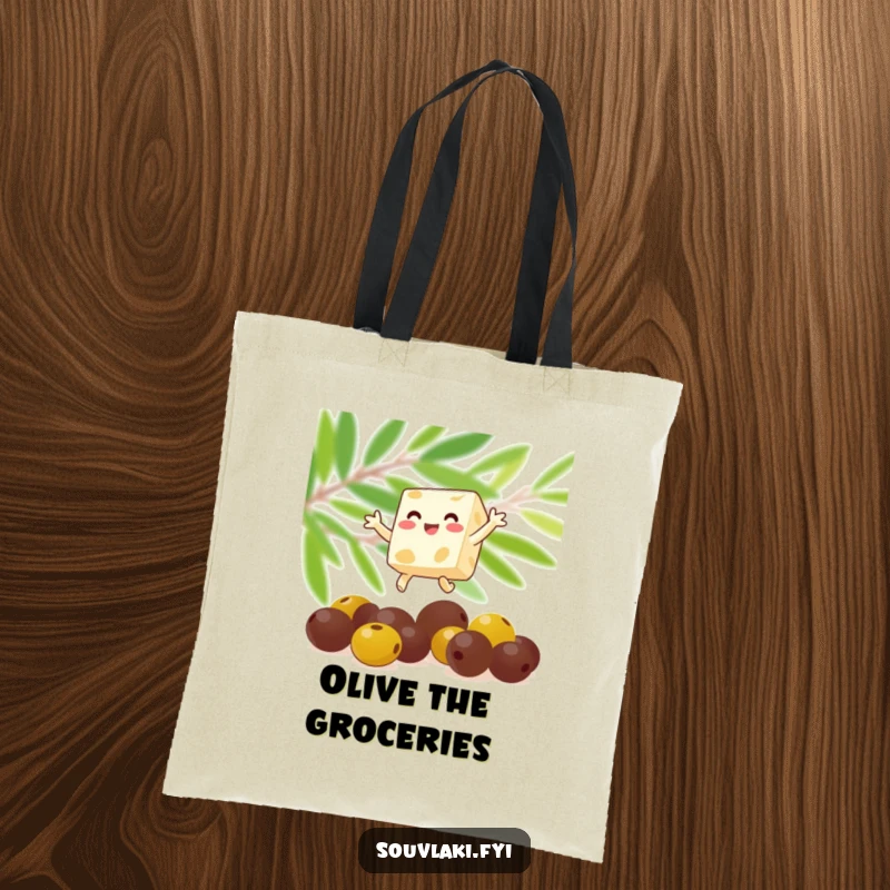 Funny feta cheese cube captured mid-leap over olives on a tote bag. A practical and humorous accessory, perfect as a funny gift.