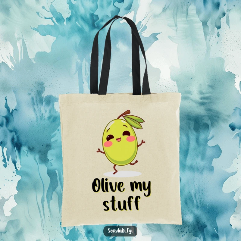 Funny olive character with legs dancing happily on a tote bag. A practical and humorous accessory, perfect as a funny gift.