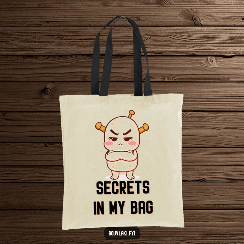Funny tote bag with a souvlaki character crossing arms, looking mischievous, perfect for carrying essentials with a playful attitude.