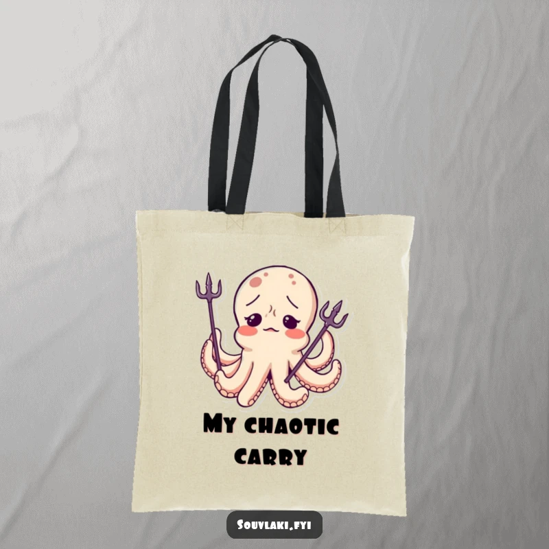 Funny Octopus Tote Bag: A confused octopus character wears a tiny trident askew, ready to carry your items with endearing nautical humor.