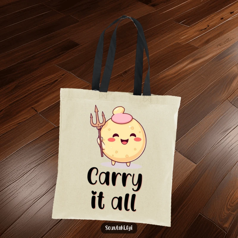 Funny Tote Bag featuring a smug fried pastry character with a trident, ready for an epic quest.
