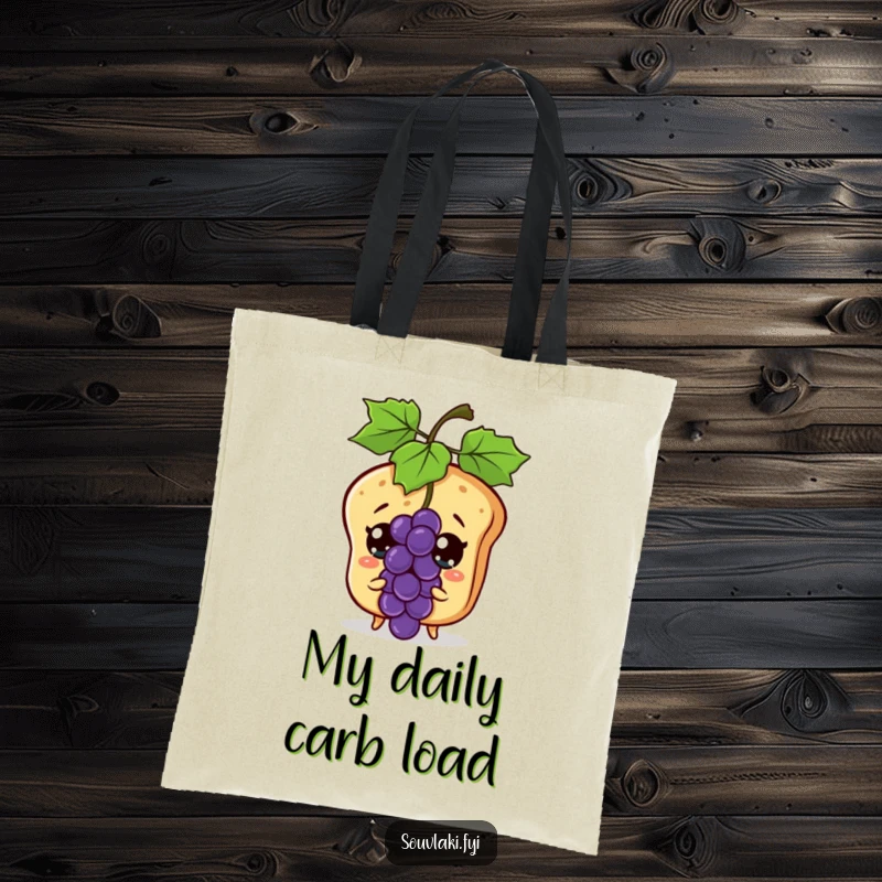 Funny pita bread character looking surprised at a flying grape on a durable, reusable tote bag.
