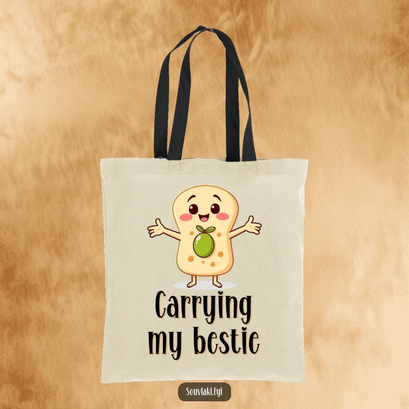 Funny tote bag with a cheerful pita bread character embracing a tiny olive, perfect for carrying items with heartwarming food humor.