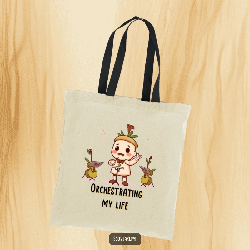Funny tote bag showcasing a souvlaki character conducting a tiny orchestra of olives playing instruments.