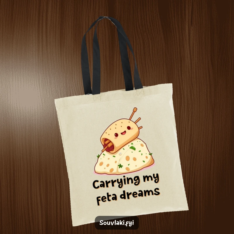Funny souvlaki sliding down a feta cheese hill, a delightful and humorous image on a practical tote bag for everyday use.