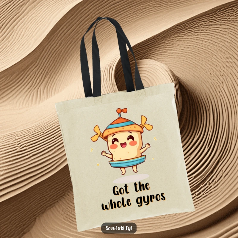 Funny tote bag with a cheerful souvlaki mastering a miniature gyros, perfect for carrying culinary delights humorously.