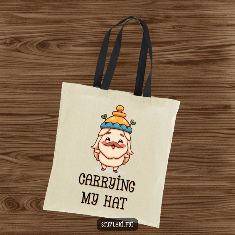 Funny souvlaki tote bag with a happy Greek food character wearing an amphora hat, ideal for stylishly carrying items with a humorous twist.