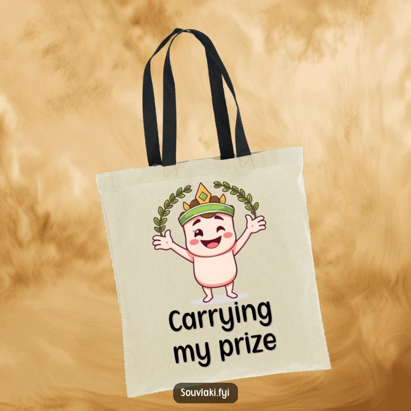 Funny tote bag showcasing a smiling souvlaki skewer character with arms wide, embracing a laurel wreath.