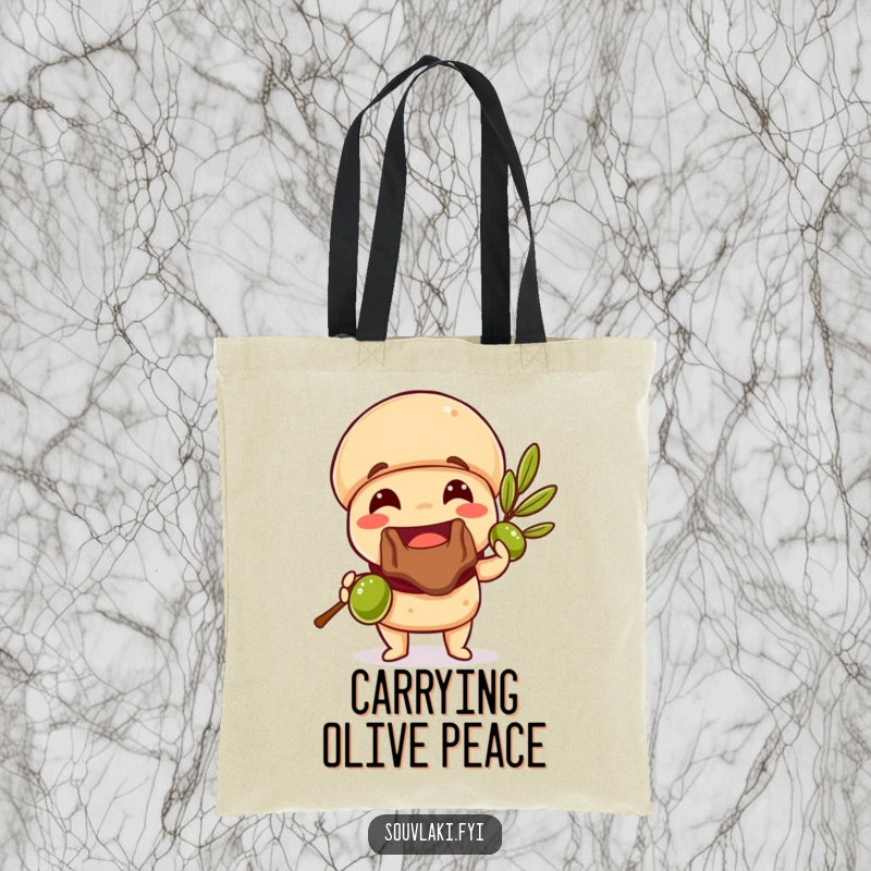 Funny Souvlaki Tote Bag with a smiling souvlaki holding an olive branch, a humorous and practical accessory for shopping.