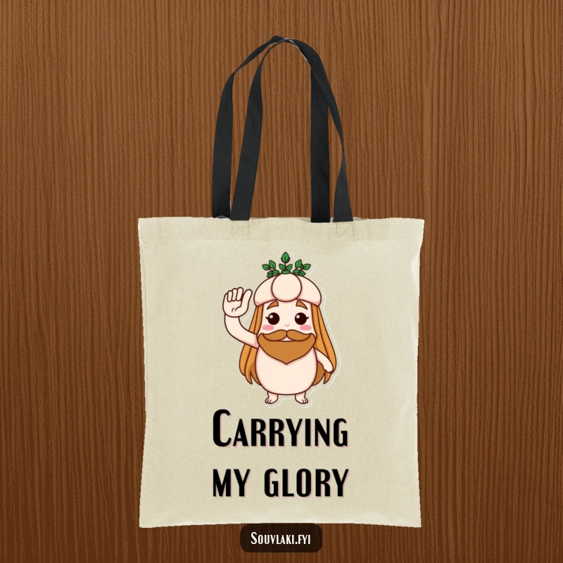 Funny tote bag with a souvlaki proudly saluting, adorned with a laurel wreath, perfect for carrying heroic pride humorously.