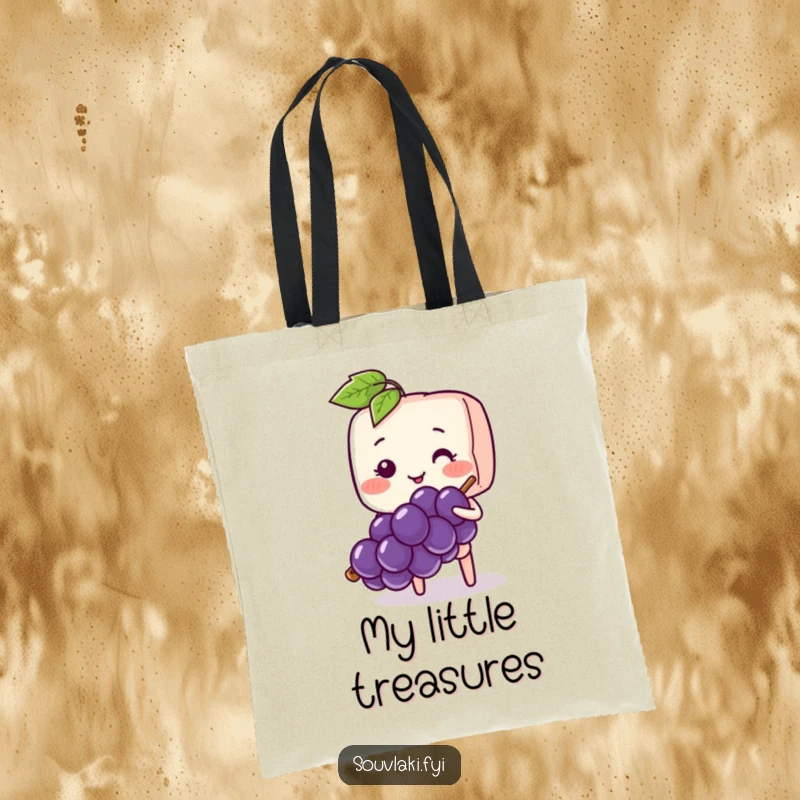 Funny Souvlaki Skewer Shy Gesture Tote Bag: A blushing souvlaki skewer shyly offers a grape.