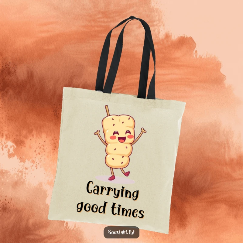 Funny tote bag with a smiling souvlaki skewer character doing a joyful jig, perfect for carrying items with food-themed fun.