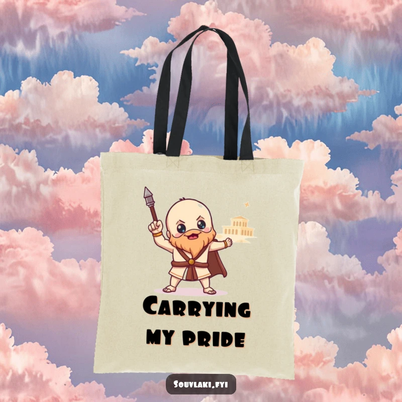 Funny souvlaki tote bag with a proud Greek food character posing heroically before a distant temple, ideal for carrying items with epic charm.