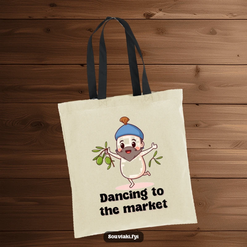 Funny Tote Bag: Souvlaki character doing a whimsical dance, spinning an olive branch with flair.