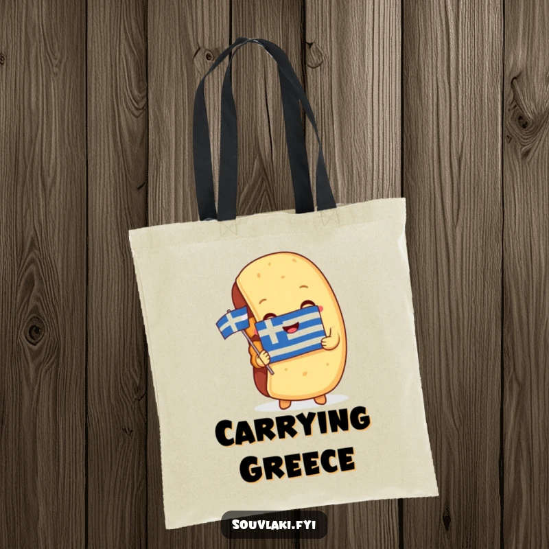 Funny Tote Bag: A souvlaki embraces a miniature Greek flag, a humorous and practical accessory for proud Greeks and foodies.