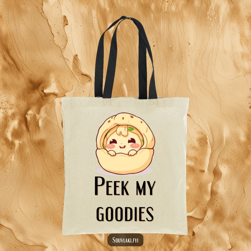 Funny Tote Bag: A giggling spanakopita character comically peeks from a puff pastry shell, holding your items with charm.