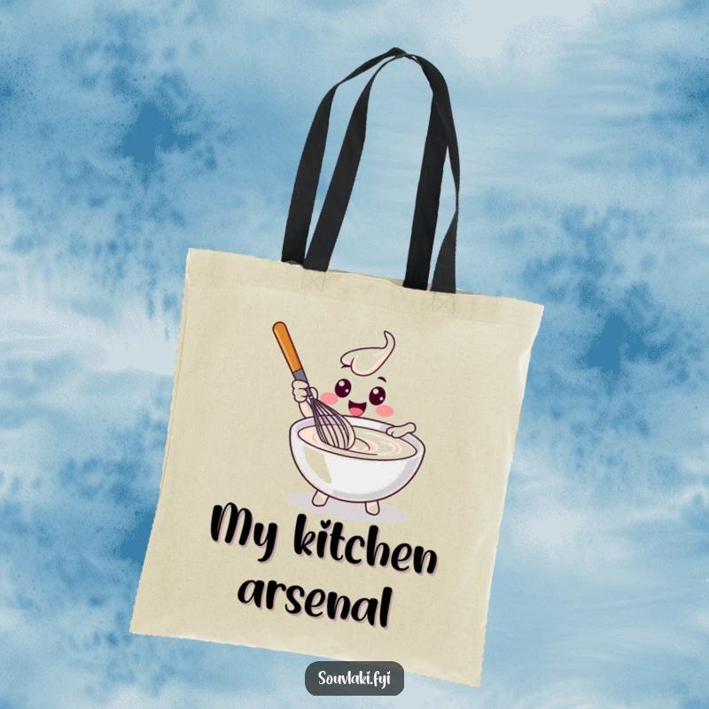 Funny delighted whisk character stirring tzatziki on a durable, reusable tote bag, ideal for shopping.