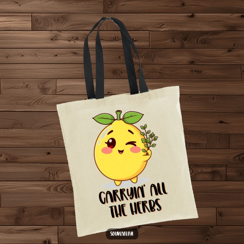 Funny winking lemon character presenting a tiny oregano sprig on a durable, reusable tote bag, perfect for shopping.