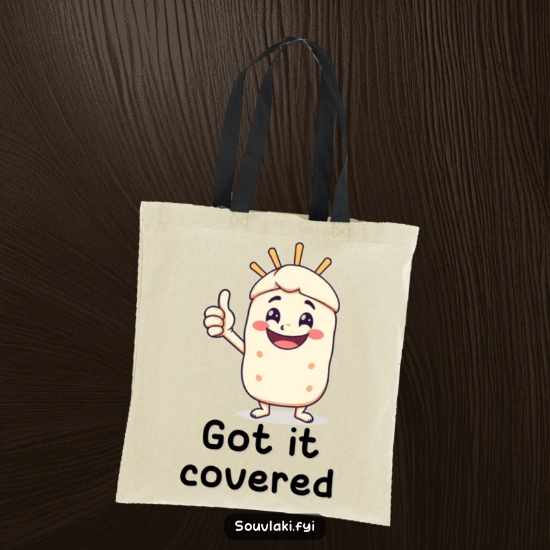 Funny tote bag showcasing a happy souvlaki skewer character giving a vigorous, approving thumbs-up.