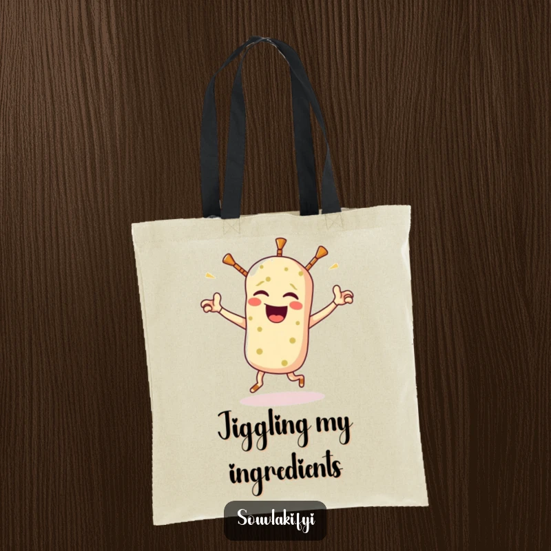 Funny souvlaki tote bag with a winking Greek food character doing a triumphant jig, ideal for carrying groceries with a smile and humor.