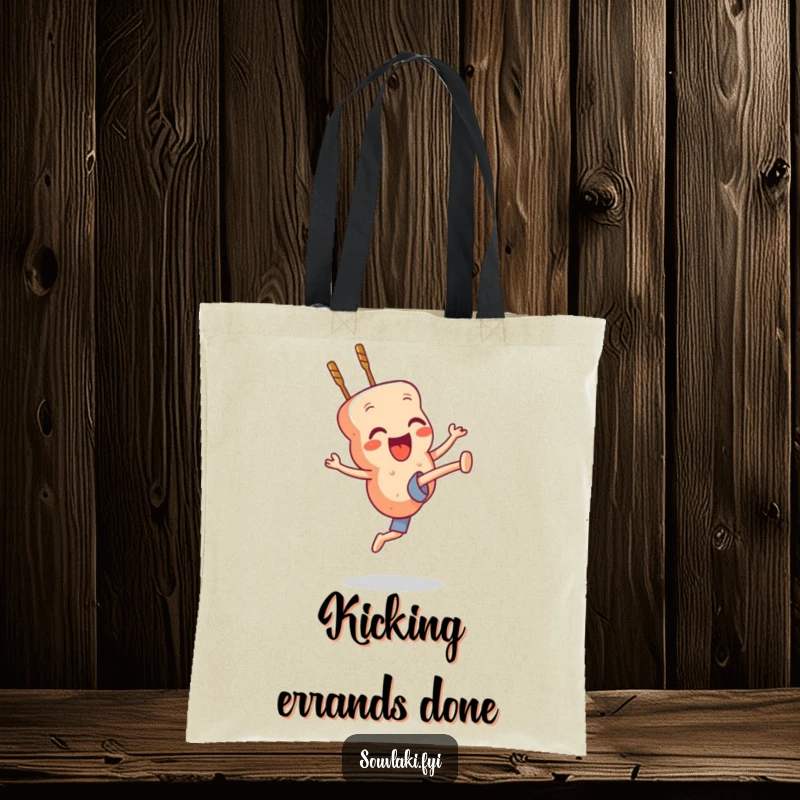 Funny souvlaki skewer character executing a high kick, a spirited tote bag design.