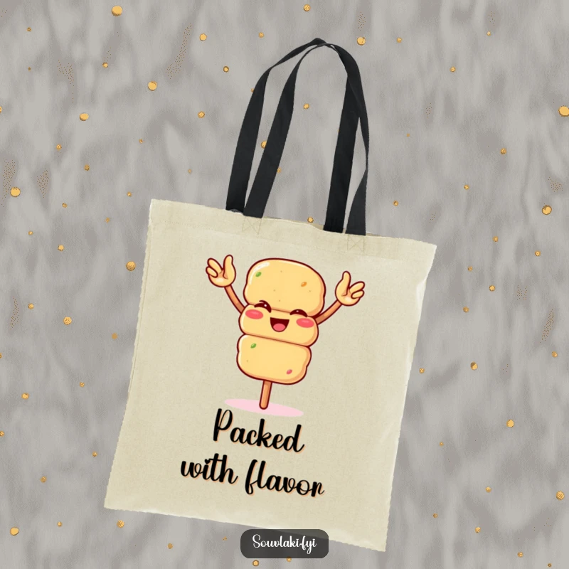 Funny winking souvlaki skewer waving arms enthusiastically on a tote bag. A practical and humorous accessory, perfect as a funny gift.