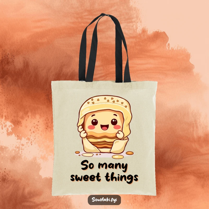 Funny happy baklava character peeling layers on a durable, reusable tote bag, adorned with a smile.