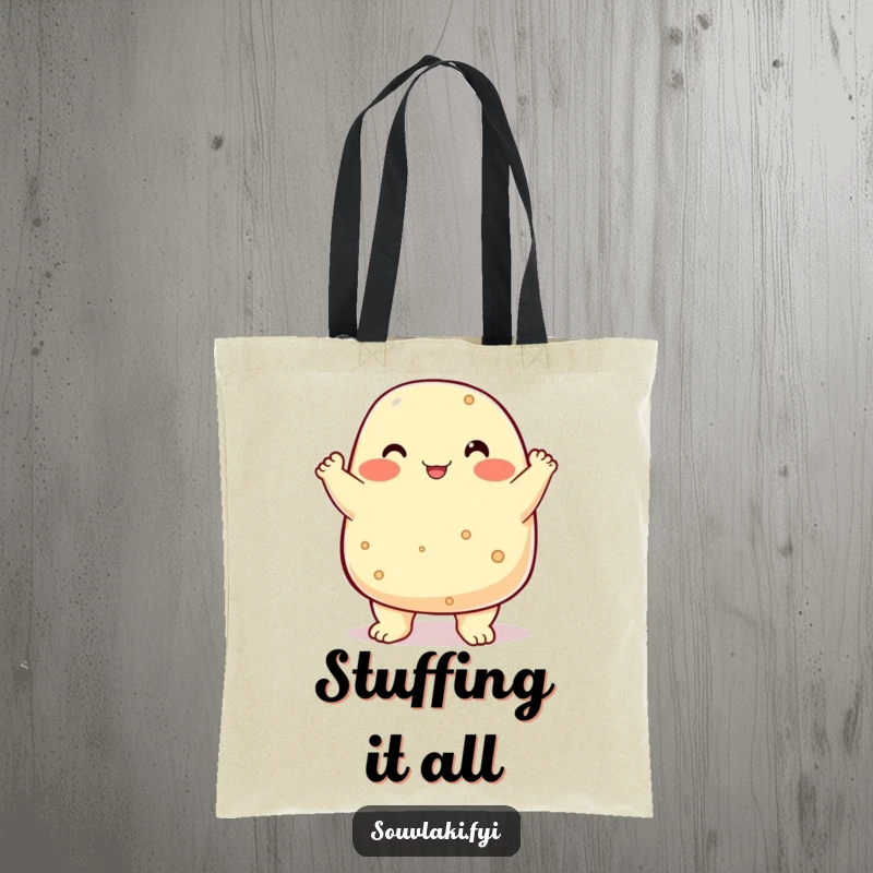 Funny chubby feta cheese character doing a chest bump, a proud tote bag.